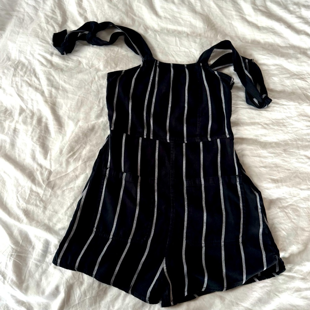 Billabong Linen Black and White Striped Romper with shoulder ties